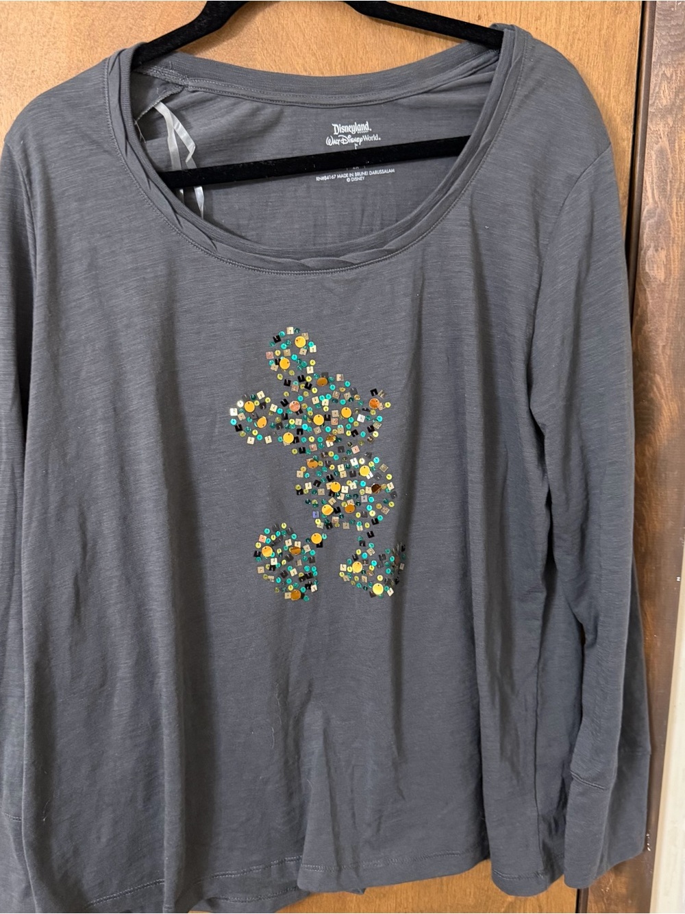 Disney Gray Long Sleeve Tee with Sequin Mickey Silhouette Disneyland Resort